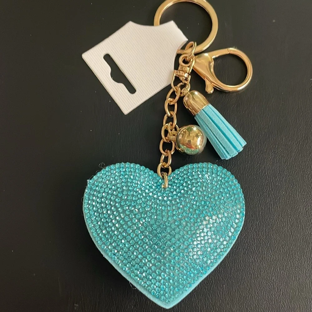 Blue Heart Rhinestone Keychain-Purse Charm Gold Ball-Blue Tassel New